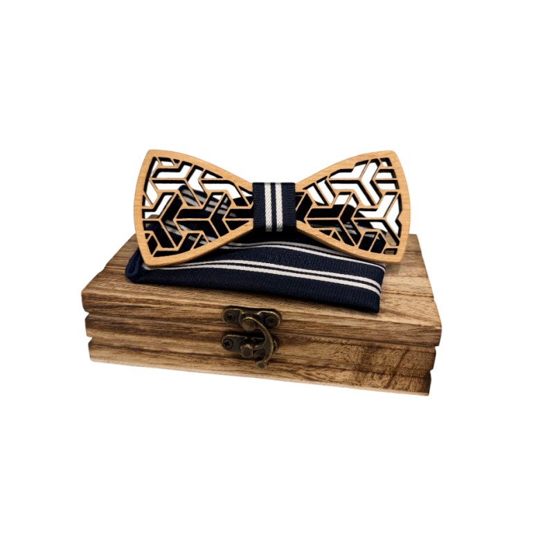 SET Dřevěný vyřezávaný motýlek Stripe tmavě modrý