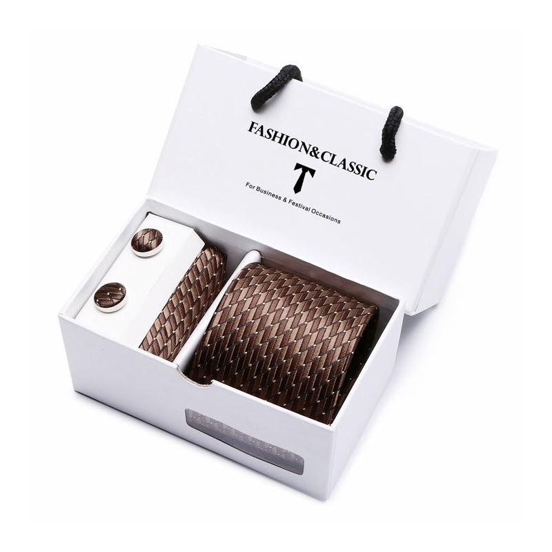 Luxusní Kravata Hnědá| Manžetové knoflíčky | Kapesníček