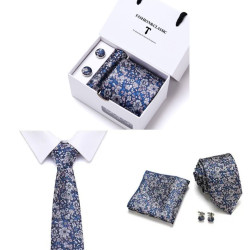 Luxusní Kravata modrá Flower | Manžetové knoflíčky | Kapesníček