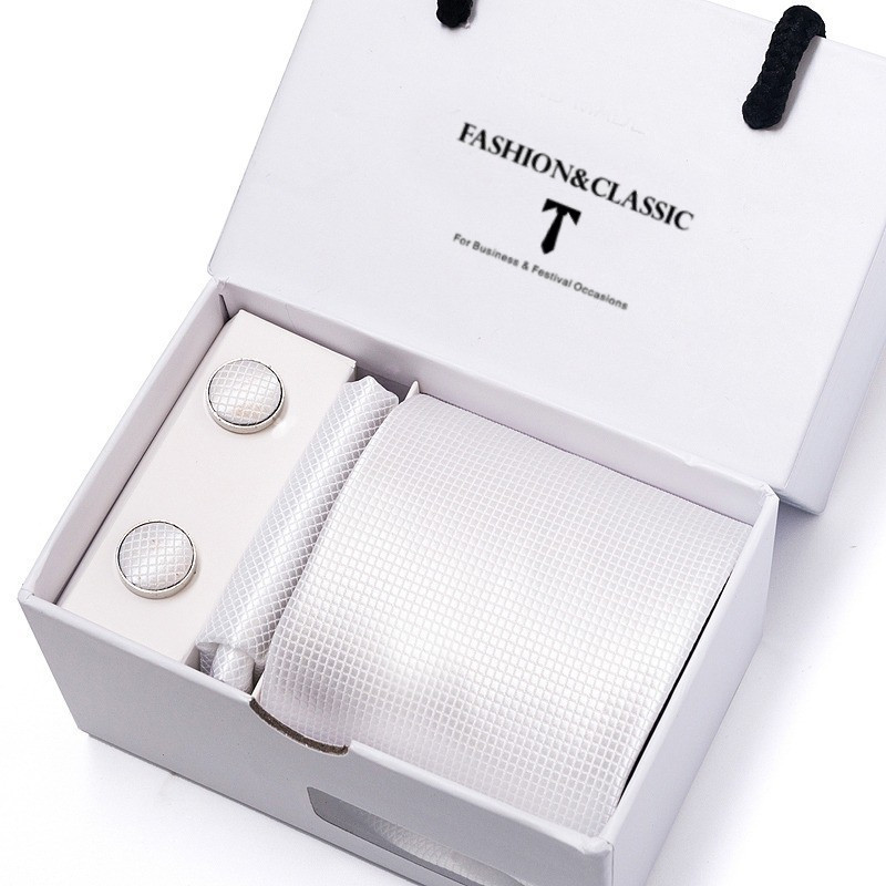 Luxusní Kravata Svatební Bílá| Manžetové knoflíčky | Kapesníček
