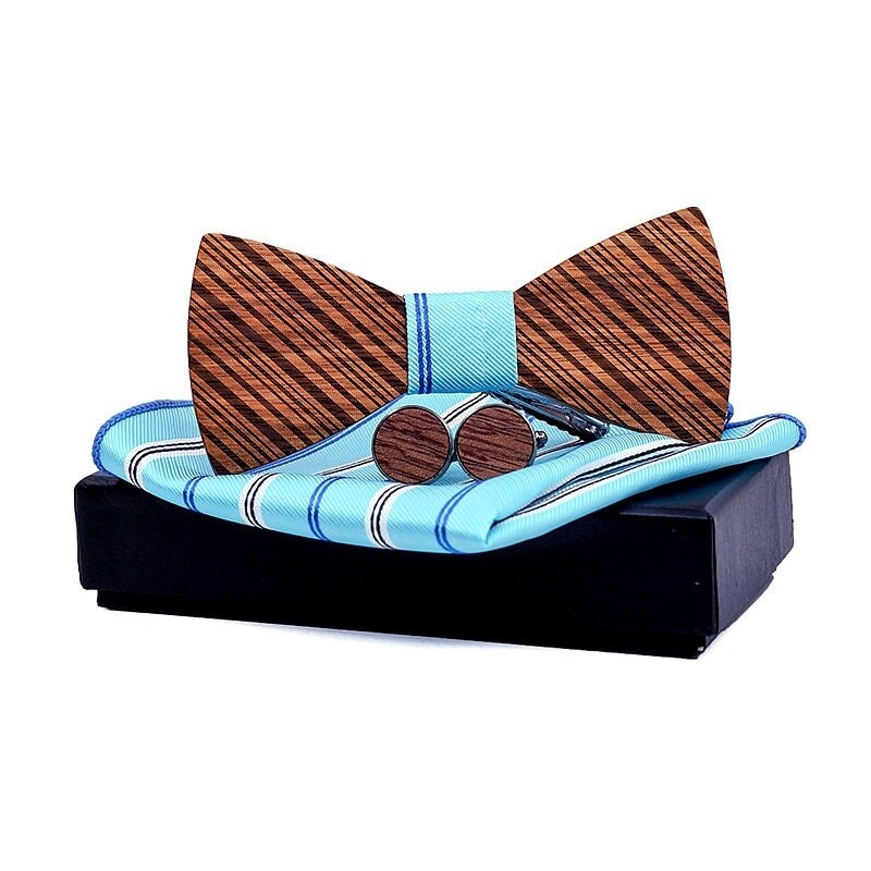 SET Dřevěný motýlek Proužky světle modrý