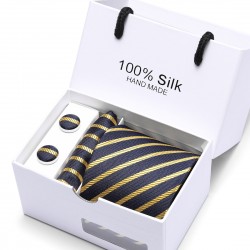 Tmavě modrá kravata zlaté pruhy | Manžetové knoflíčky | Kapesníček